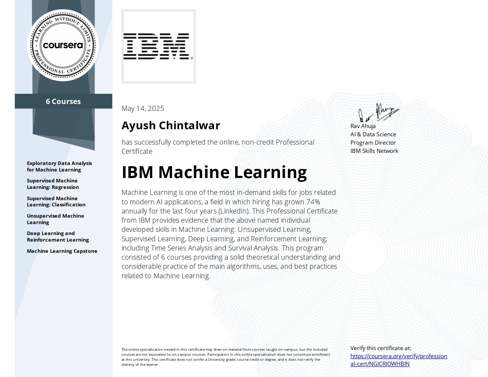 IBM Machine Learning Professional Certificate